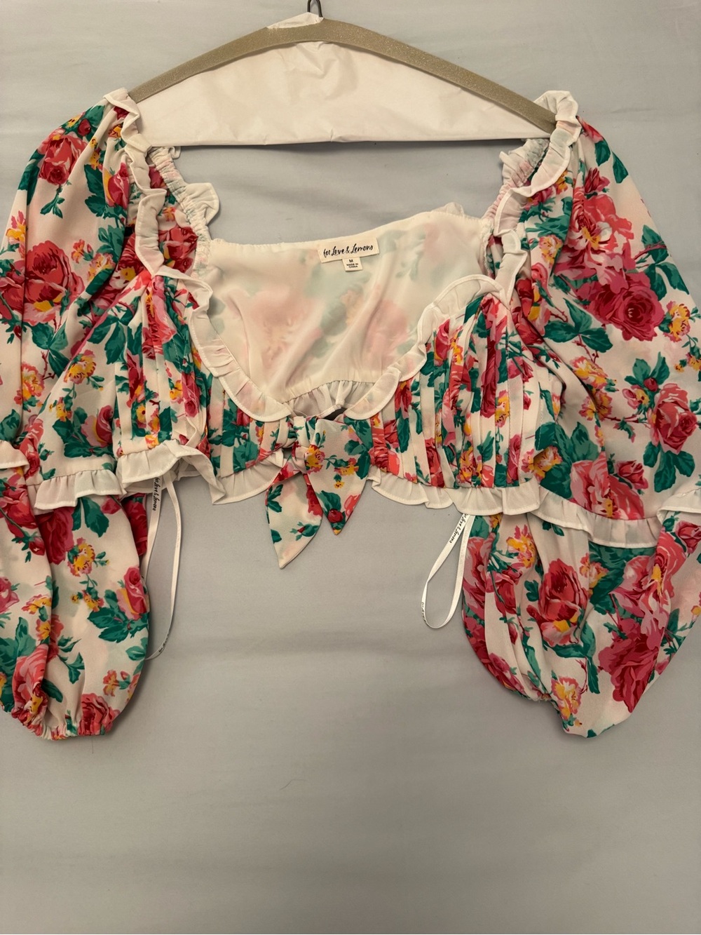 For Love And Lemons Pink & Green Floral Ruffle Tie-Front Crop Top and skirt SET